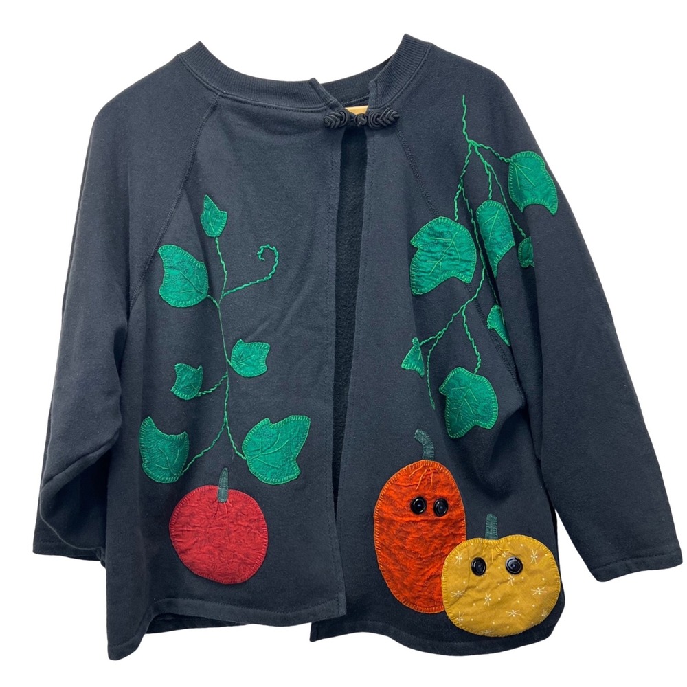 Upcycled Pumpkin Cardigan Women 2X Applique Fall Fleece Jacket Asymmetrical